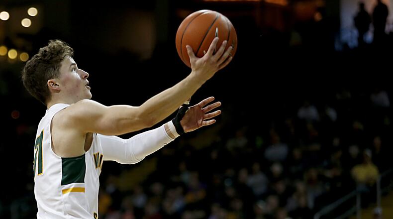 Wright State University guard Cole Gentry goes up for a basket against IUPUI during their Horizon League game at the Nutter Center in Fairborn Sunday, Feb. 16, 2020. Wright State won 106-66. Contributed photo by E.L. Hubbard