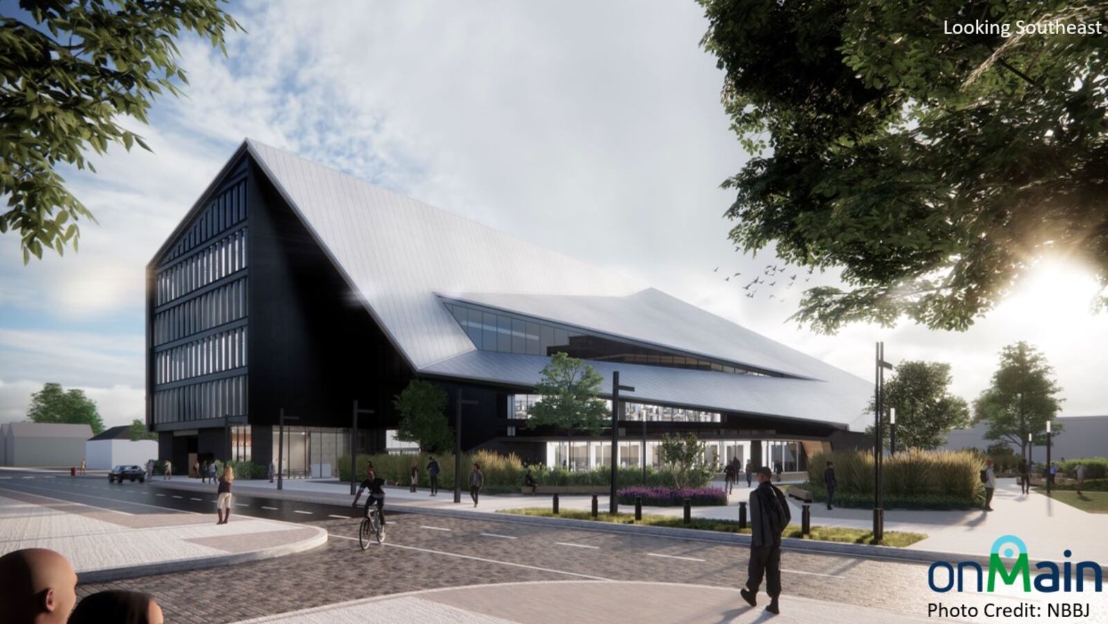 A rendering of onMain's first proposed building on the old Montgomery County Fairgrounds property in southern Dayton. CONTRIBUTED BY NBBJ