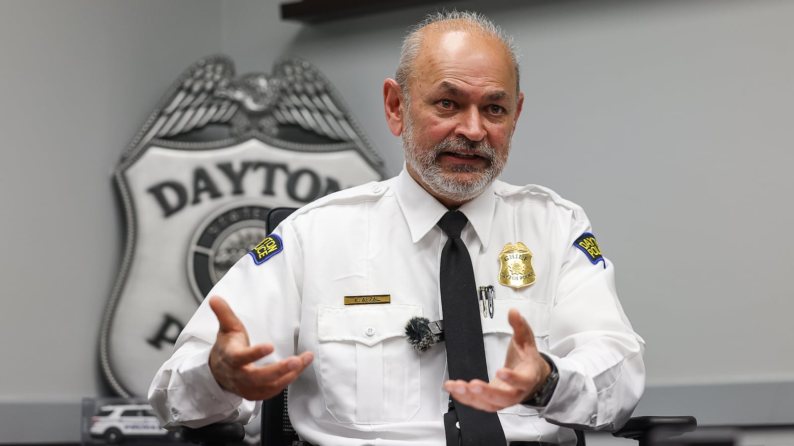 Dayton Police Chief Kamran Afzal talks during an interview on March 19, 2025 at the department's headquarters in downtown Dayton. BRYANT BILLING / STAFF