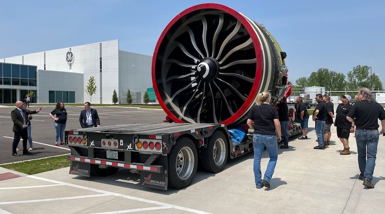 The GE9X, designed for the Boeing 777 family of planes, is the largest and most powerful commercial aircraft engine ever built, GE Aerospace says. This engine could be seen in the parking lot of the GE production facility off Research Boulevard Friday. THOMAS GNAU/STAFF