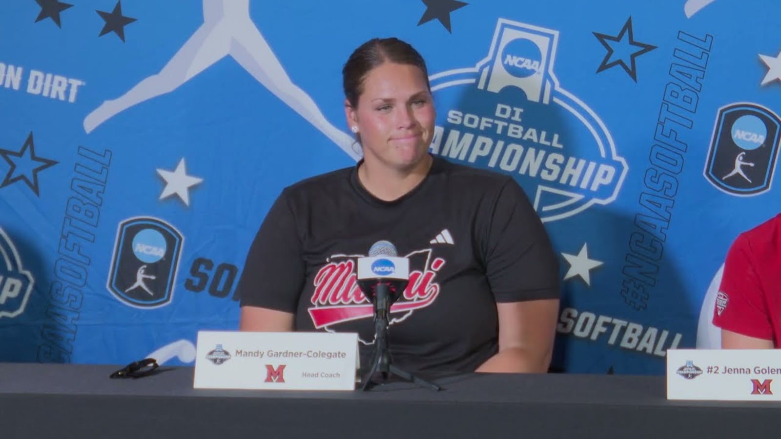 Miami softball coach Mandy Gardner-Colegate talks with reporters during a press conference after the RedHawks' 11-1 season-ending loss to Ohio State in the NCAA Tournament in Knoxville. CONTRIBUTED