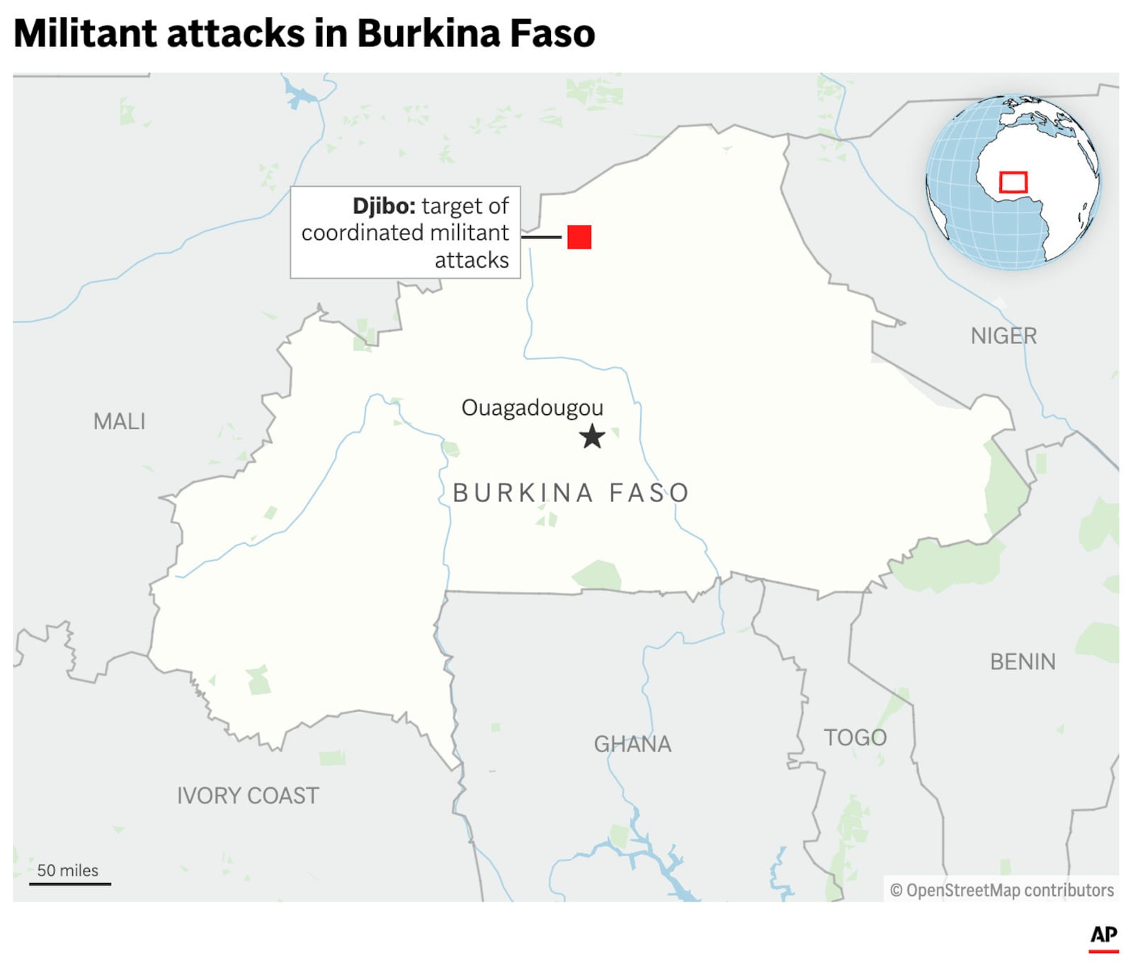 The map above highlights Burkina Faso on the African continent and shows the location of recent militant attacks. (AP Graphic)