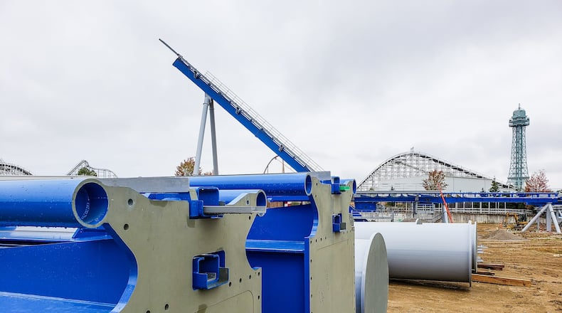 Construction is underway for the Orion roller coaster at Kings Island in Mason. When completed in spring of 2020, it will become the tallest and fastest coaster at the park. The first drop is 300 feet and it will reach 91 miles per hour. The track is 5,321 feet making is the longest steel coaster and second-longest overall behind The Beast that is 7,359 feet long. NICK GRAHAM/STAFF