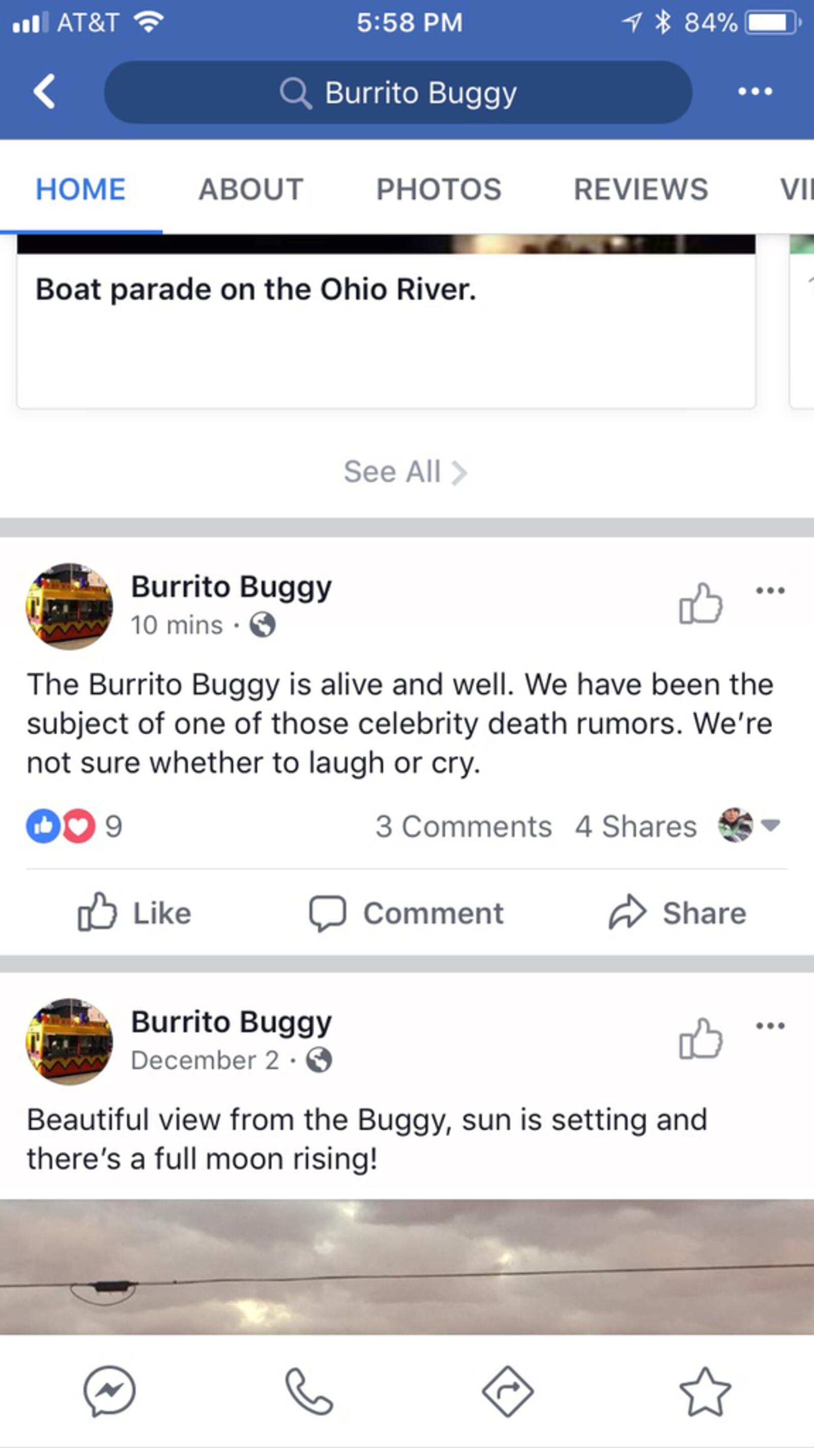 Screen grab of a seemingly removed Facebook post from the Burrito Buggy. The message was posted on Friday,  Feb. 2, 2018.