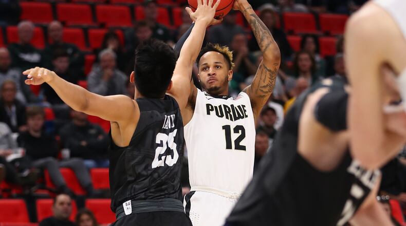 Purdue's Vincent Edwards shoots  during the first half against the Butler Bulldogs in the second round of the 2018 NCAA Men's Basketball Tournament at Little Caesars Arena on March 18, 2018 in Detroit, Michigan.  (Photo by Gregory Shamus/Getty Images)