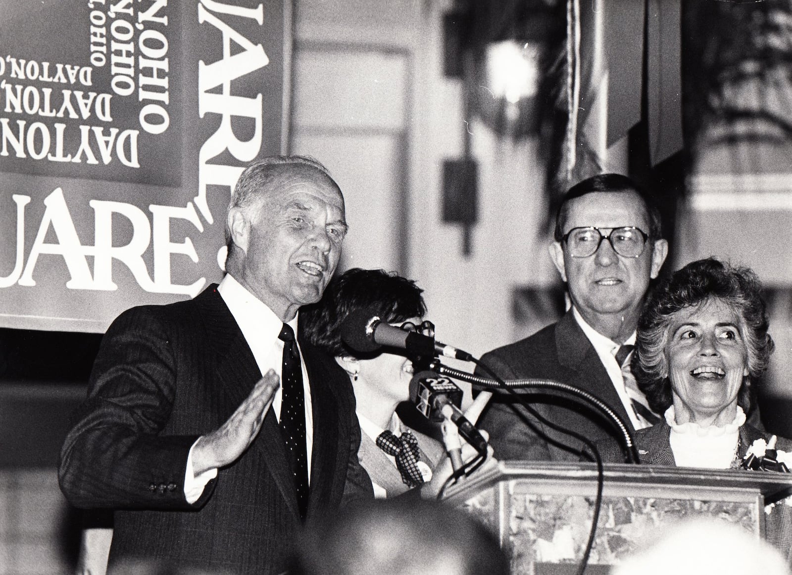 John Glenn made a campaign stop at Arcade Square with Joe Shump, a long time Montgomery County Democratic party chair and Annie Glenn in 1983. DAYTON DAILY NEWS ARCHIVE
