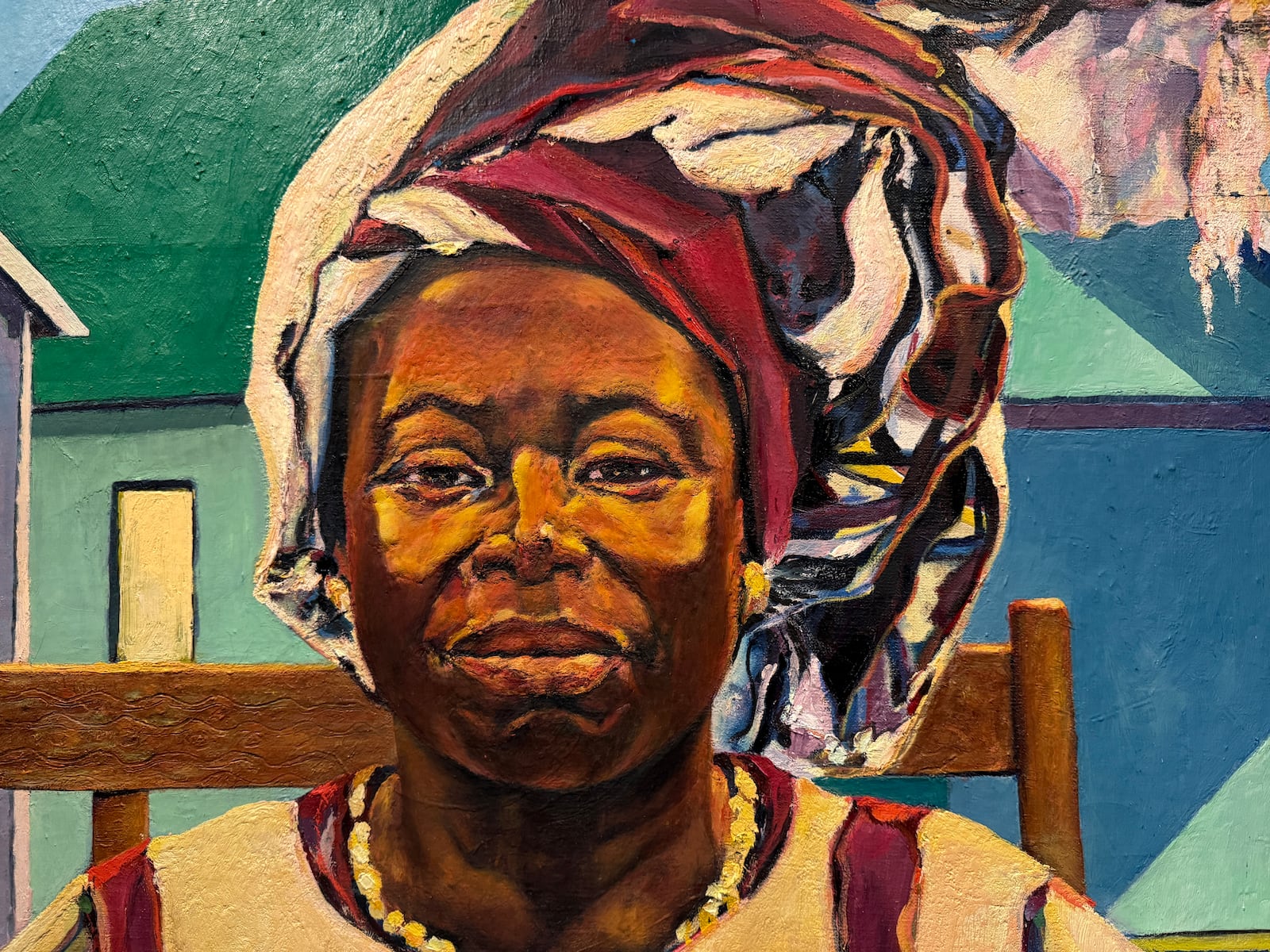 A portrait by Curtis Barnes, Sr. demonstrates the artist's ability to achieve detail through texture.
Curtis Barnes Sr., Detail of Sister Babalola, 1979, Oil on canvas, 47 x 34 1/2 in. Courtesy of the Barnes Family. HANNAH KASPER/CONTRIBUTED