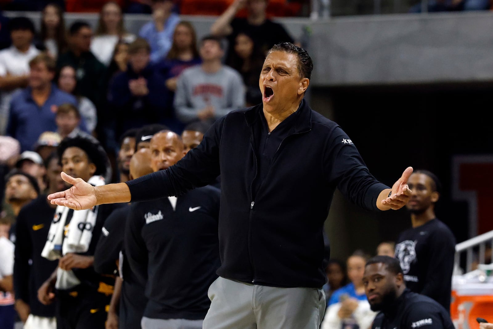 Bethune-Cookman head coach Reggie Theus reacts to a call during the second half of an NCAA college basketball game against Auburn, Monday, Nov. 3, 2025, in Auburn, Ala. (AP Photo/Butch Dill)