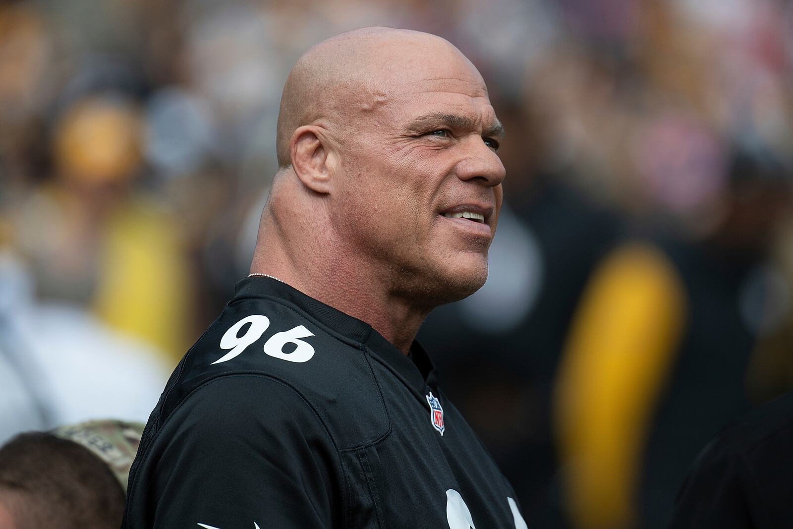 FILE - Pittsburgh native Olympic Gold Medal wrestler Kurt Angle attends the pre-game festivities before an NFL football game between the Pittsburgh Steelers and the Tampa Bay Buccaneers in Pittsburgh, Oct. 16, 2022. (AP Photo/Justin Berl, File)