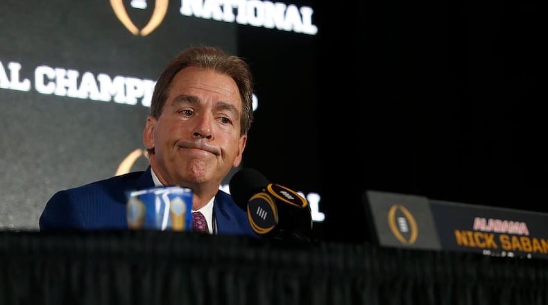 TAMPA, FL - JANUARY 8: Head coach Nick Saban of the Alabama Crimson Tide speaks to members of the media during the College Football Playoff National Championship Head Coaches Press Conference on January 8, 2017 at the Tampa Convention Center in Tampa, Florida. (Photo by Brian Blanco/Getty Images)