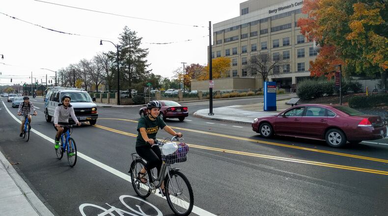 Cyclists take advantage of the bike lane on Warren Street in Dayton. Photo submitted by Bike Miami Valley.