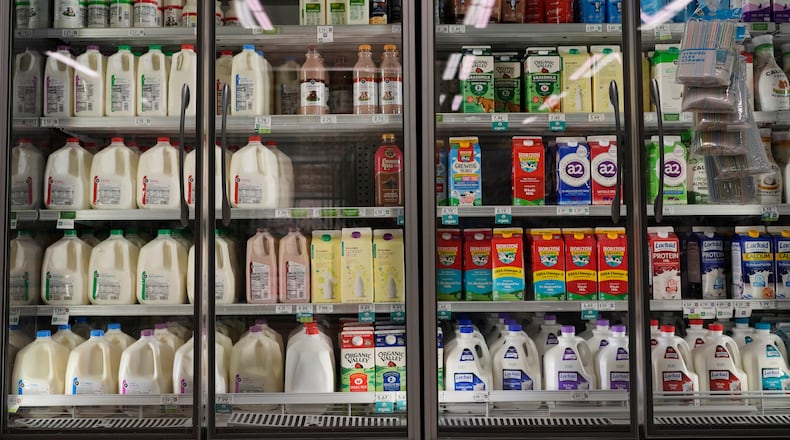Dairy products, which are covered by the USDA Supplemental Nutrition Assistance Program (SNAP), is displayed for sale at a grocery store Friday, Oct. 31, 2025, in Nashville, Tenn. (AP Photo/George Walker IV)