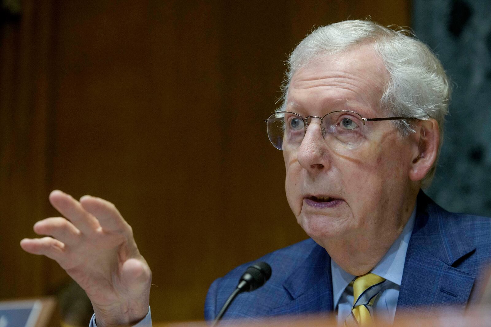 Subcommittee Chairman Sen. Mitch McConnell, R-Ky., questions Secretary of Defense Pete Hegseth during a Senate Committee on Appropriations subcommittee hearing to examine proposed budget estimates for fiscal year 2026 for the Department of Defense, on Capitol Hill, Wednesday, June 11, 2025, in Washington. (AP Photo/Rod Lamkey, Jr.)