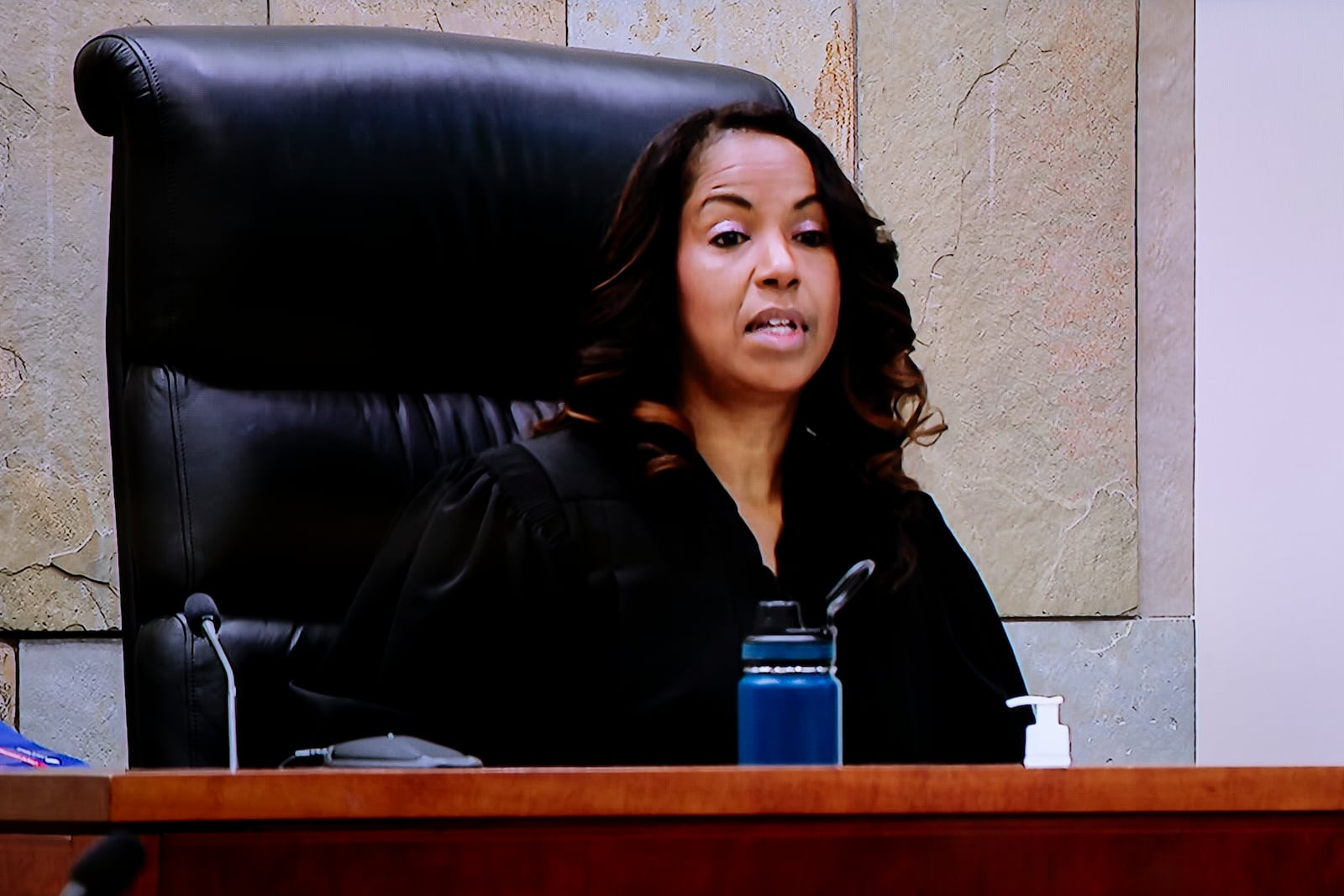 This video image provided by WOOD-TV shows Judge Christina Mims sitting in her courtroom at the Kent County Courthouse in Grand Rapids, Mich. on the first day of Christopher Schurr's trial on Monday, April 28, 2025. (WOOD-TV via AP, Pool)
