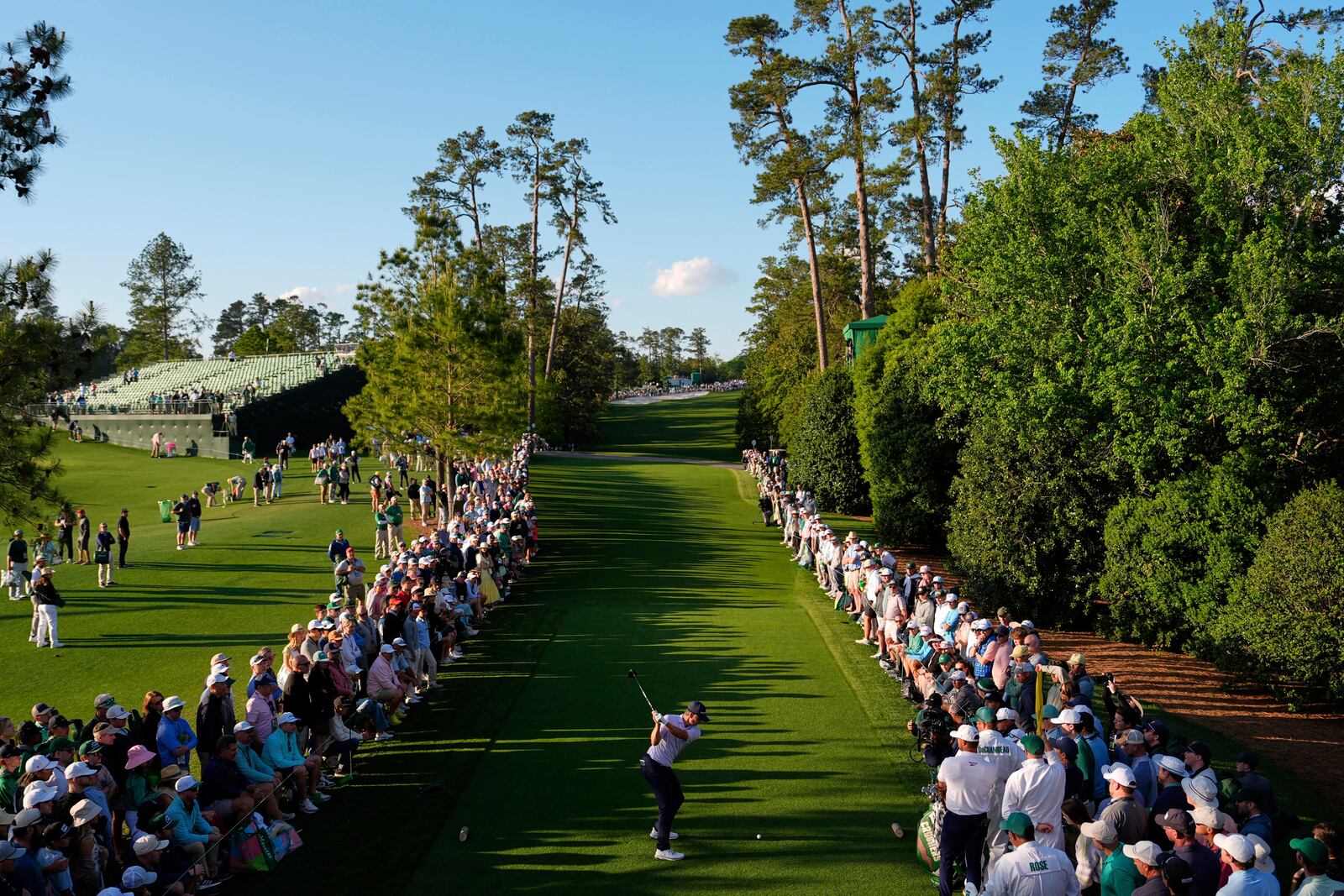 Justin Rose hits his tee shot on the 18th hole during the third round at the Masters golf tournament, Saturday, April 12, 2025, in Augusta, Ga. (AP Photo/Julia Demaree Nikhinson)