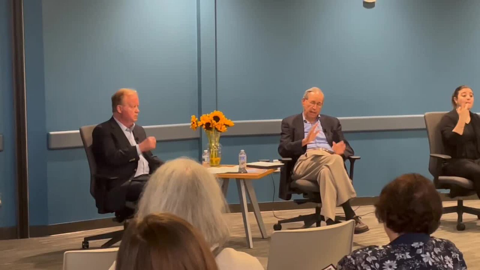 Former Congressman Tony Hall, left, and former Ohio Gov. Bob Taft, right, discuss the current state of political discourse Wednesday, June 8, 2022 during a League of Women Voters event. PARKER PERRY / STAFF