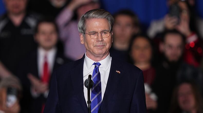 FILE - U.S. Department of the Treasury Scott Bessent speaks before President Donald Trump arrives at the Mount Airy Casino Resort in Mount Pocono, Pa., Dec. 9, 2025. (AP Photo/Matt Rourke, File)