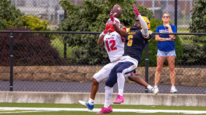 Javyn Martin breaks up a pass in the end zone in the first half Saturday against DeMatha in Ironton. Jeff Gilbert/CONTRIBUTED