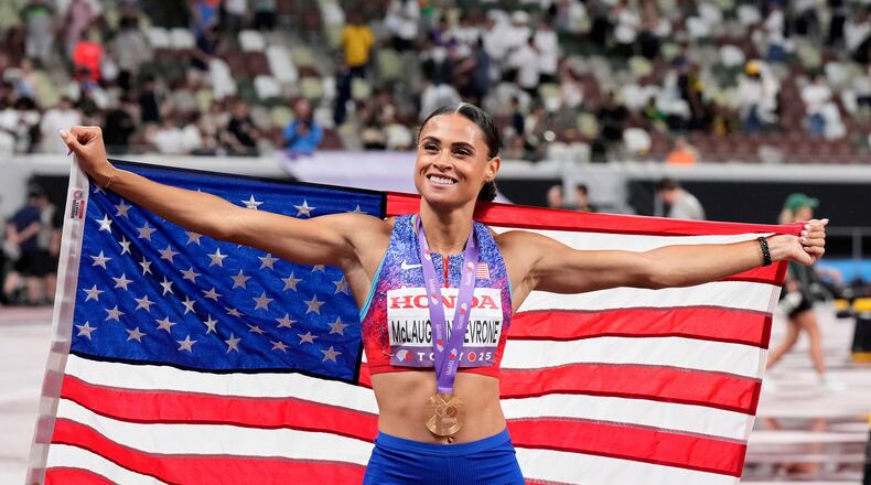 FILE - United States' Sydney McLaughlin-Levrone reacts after winning the gold medal in the women's 400 meters final at the World Athletics Championships in Tokyo, Sept. 18, 2025. (AP Photo/Hiro Komae, File)