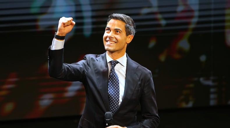 Rob Jetten, leader of the center-left D66 party, speaks on stage during exit poll results an election venue during a general election in Leiden, Netherlands, Wednesday, Oct. 29, 2025. (AP Photo/Peter Dejong)