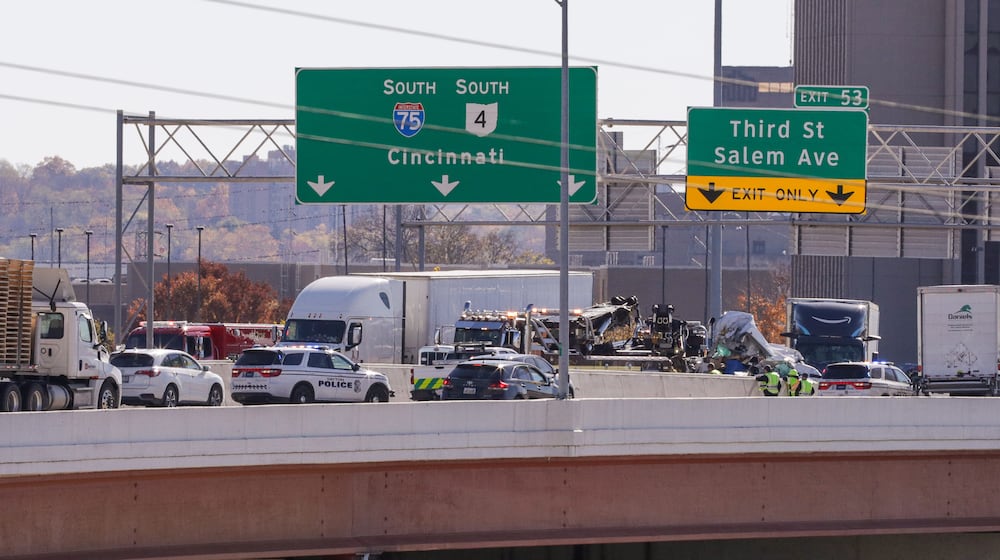 A crash involving at least two semi trucks closed I-75 North between U.S. 35 and West Second Street/Salem Avenue near downtown Dayton on Thursday, Nov. 6, 2025. BRYANT BILLING / STAFF