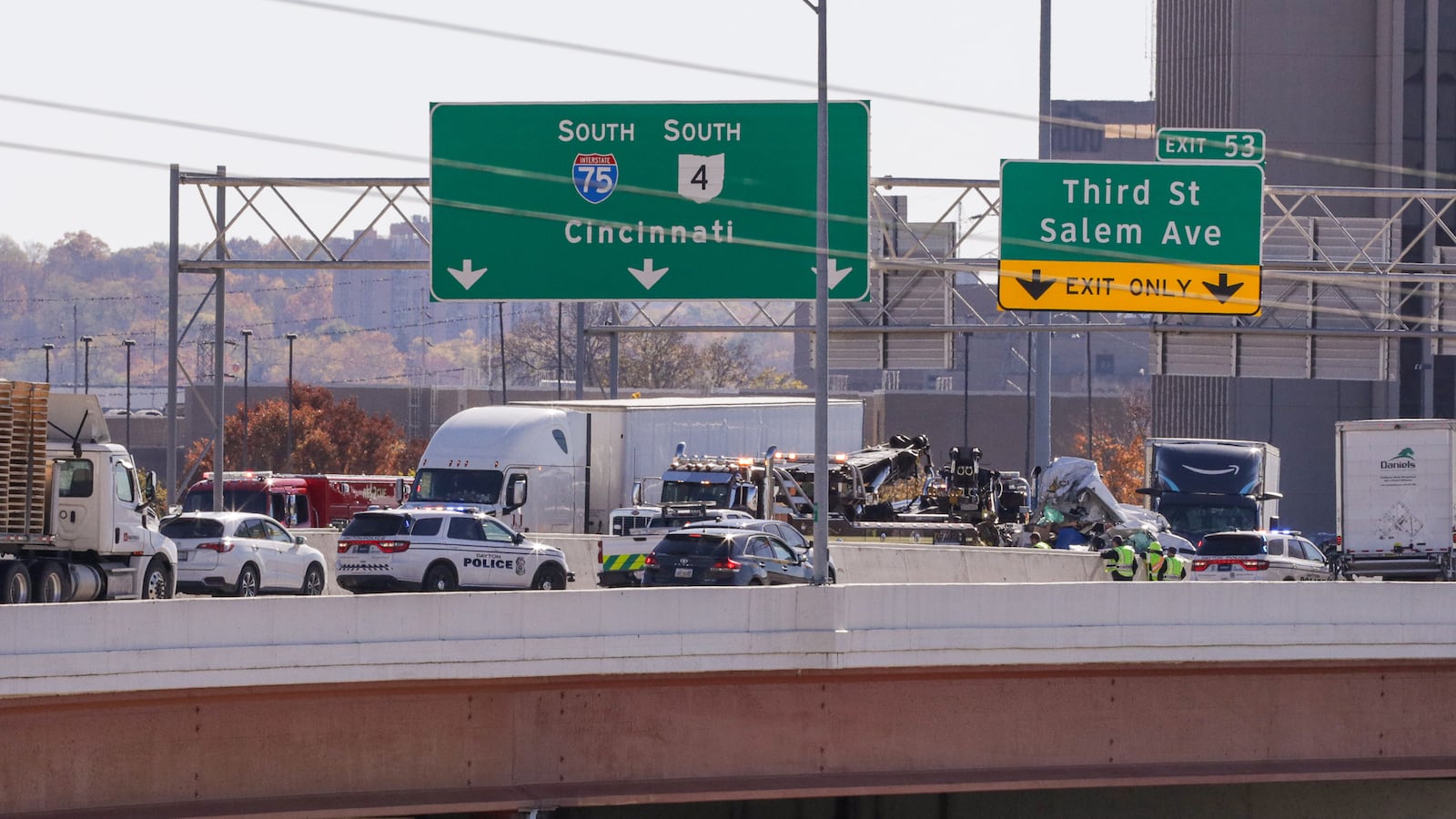 A crash involving at least two semi trucks closed I-75 North between U.S. 35 and West Second Street/Salem Avenue near downtown Dayton on Thursday, Nov. 6, 2025. BRYANT BILLING / STAFF