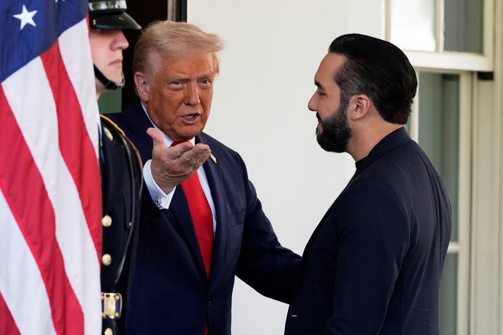 President Donald Trump greets El Salvador's President Nayib Bukele as he arrives at the West Wing of the White House, Monday, April 14, 2025, in Washington. (AP Photo/Alex Brandon)