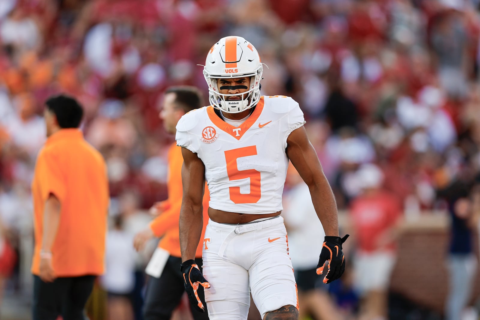 FILE - Tennessee wide receiver Bru McCoy (5) warms up before the start of an NCAA college football game against Oklahoma on Saturday, Sept. 21, 2024, in Norman, Okla. (AP Photo/Alonzo Adams, File)
