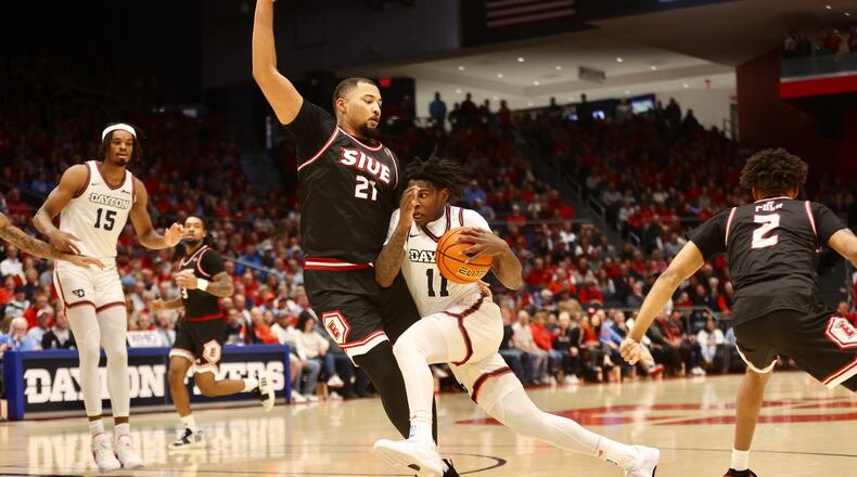 Dayton's Malachi Smith dribbles against SIUE on Monday, Nov. 6, 2023, at UD Arena. David Jablonski/Staff