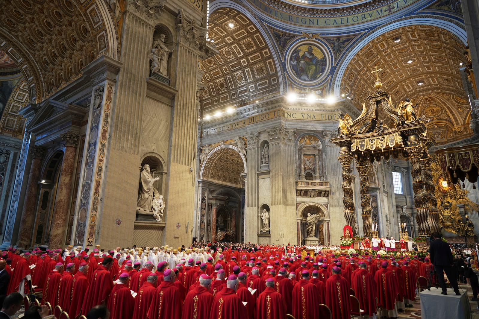 Pope Leo XIV celebrates a Mass in St. Peter's Basilica at the Vatican, where he will bless the pallia for the new metropolitan archbishops, Sunday, June 29, 2025. (AP Photo/Andrew Medichini)