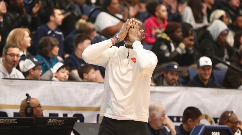 Dayton's Anthony Grant reacts to a call during a game against George Washington on Saturday, Jan. 4, 2025, at the Charles E. Smith Center in Washington, D.C. David Jablonski/Staff