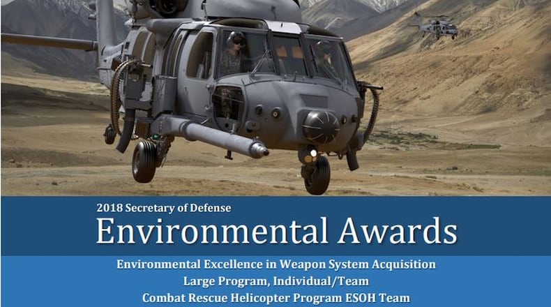 The Air Force took home three top honors in the 2018 Secretary of Defense environmental awards program. The Combat Rescue Helicopter Program Environment, Safety and Occupational Health Team, Wright-Patterson Air Force Base, earned the award for Environmental Excellence in Weapon System Acquisition, Large Program. (Courtesy graphic)