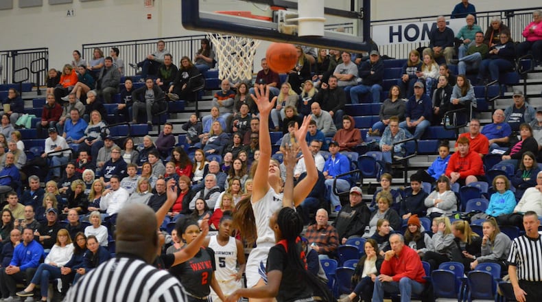 Fairmont’s Madeline Westbeld puts up a shot during Wednesday night’s game vs. Wayne at Trent Arena. Eric Frantz/CONTRIBUTED