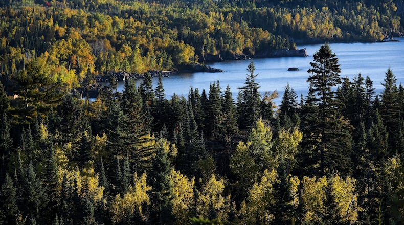 Northern Minnesota is the first to turn each fall and the mix of colors make for a spectacular show. The aspen, pine, maple and birch create a kaleidoscope of color that attract leaf watchers to travel backroads and fill hotel rooms and campgrounds on the north shore. The north shore at Tettegouche State Park is one of the most dramatic as the colors begin to turn. (Brian Peterson/Minneapolis Star Tribune/TNS)
