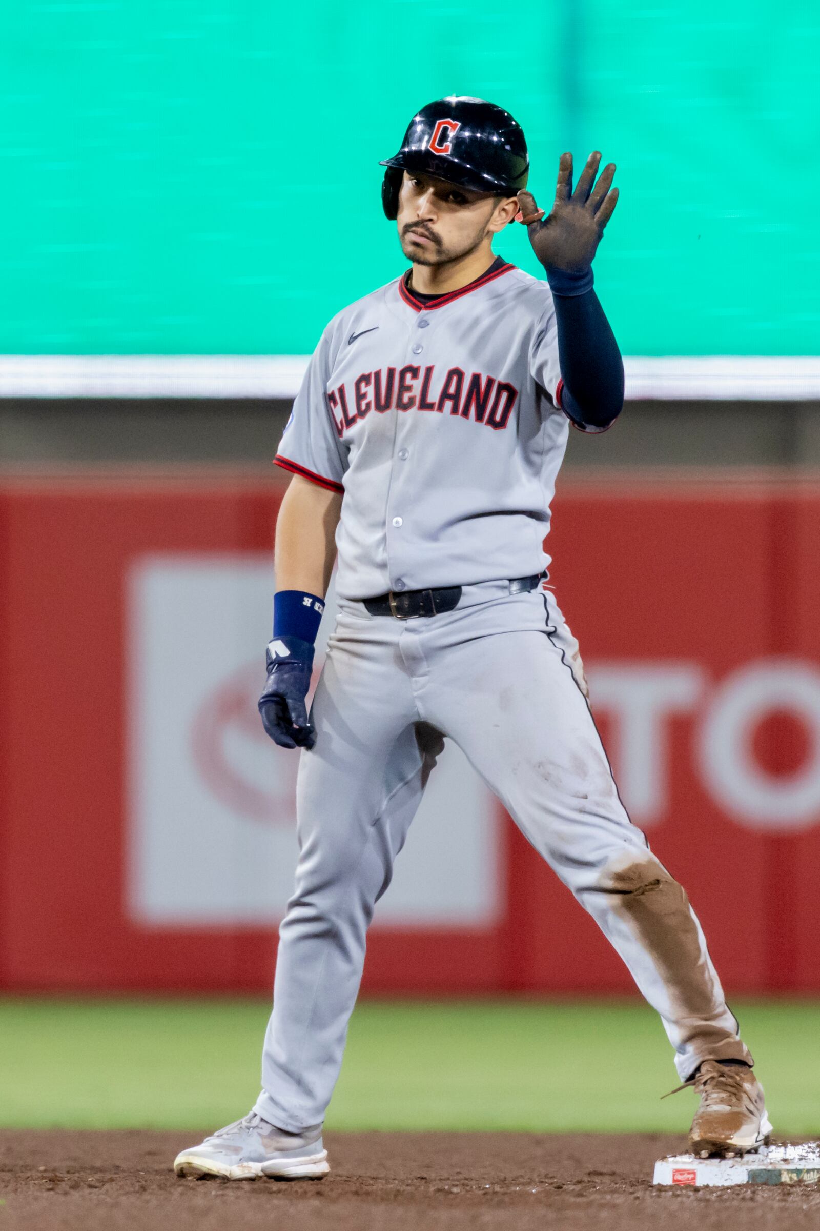 Cleveland Guardians' Steven Kwan reacts after hitting a double during the ninth inning of a baseball game against the Athletics Saturday, June 21, 2025, in West Sacramento, Calif. (AP Photo/Sara Nevis)