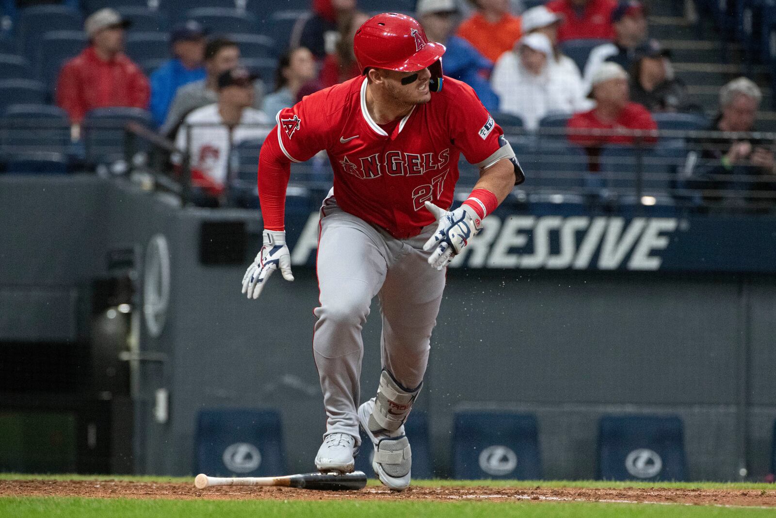 Los Angeles Angels' Mike Trout watches his single off Cleveland Guardians starting pitcher Luis Ortiz during the fourth inning of a baseball game, Friday, May 30, 2025, in Cleveland. (AP Photo/Phil Long)