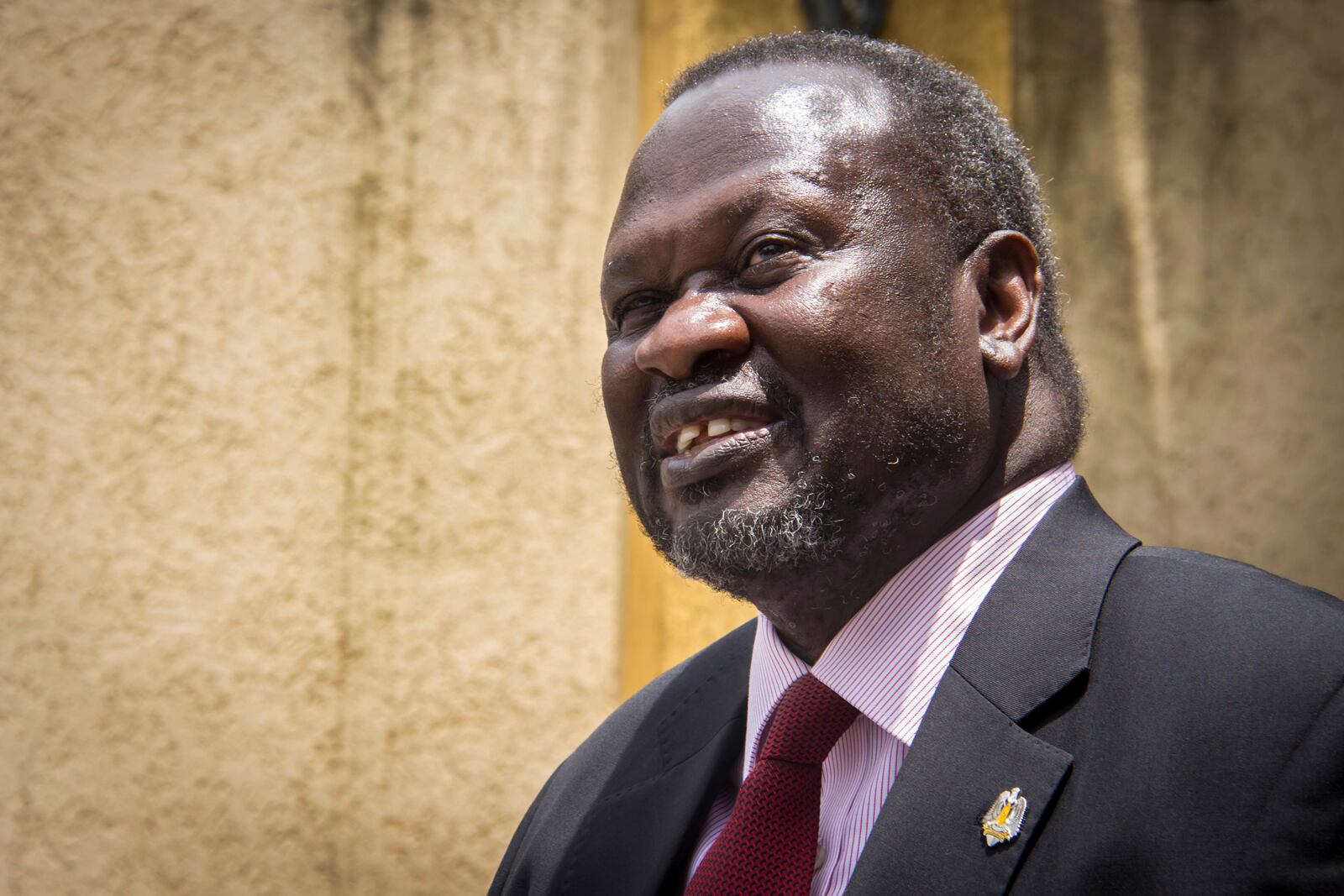 FILE - South Sudan's rebel leader Riek Machar speaks to the media about the situation in South Sudan following a peace agreement the week before with the government, in Addis Ababa, Ethiopia, Monday, Aug. 31, 2015. (AP Photo/Mulugeta Ayene, File)