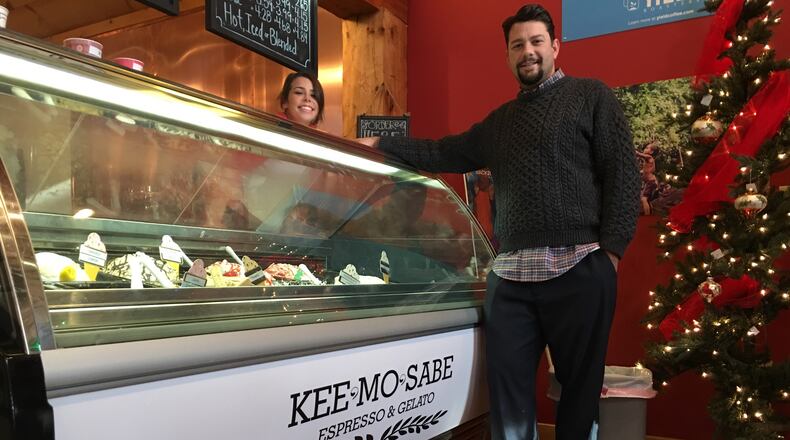 Jeremy Green and Megan Buckle at the counter of Kee-Mo-Sabe Espresso & Gelato in Cobblestone Village in Waynesville.