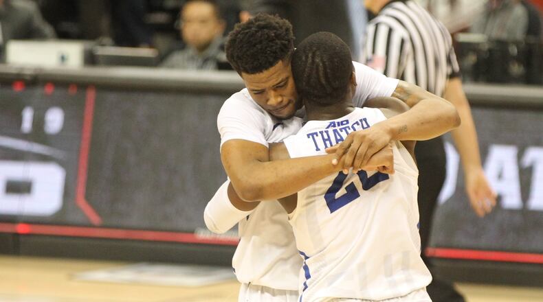 Saint Louis celebrates a victory over Richmond in the second round of the Atlantic 10 tournament on Thursday, March 14, 2019, at the Barclays Center in Brooklyn, N.Y. David Jablonski/Staff