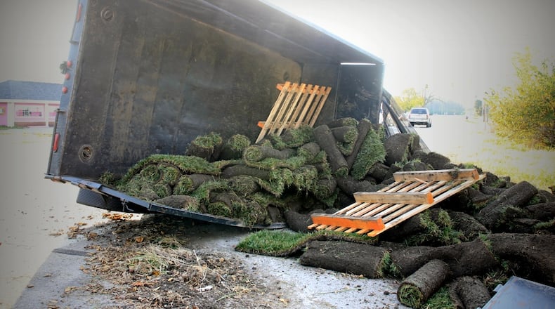 Tire failure is being blamed for this truck accident Wednesday, Nov. 9, 2016, on state Route 235 and U.S. 40, according to the Ohio Highway Patrol. (Jim Noelker/Staff)