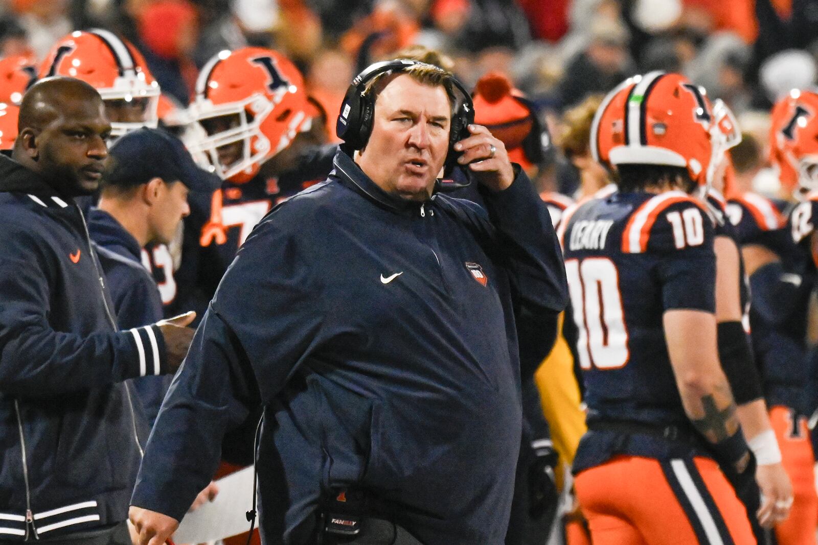 FILE - Illinois head coach Brett Bielema looks on during the second half in an NCAA college football game against Michigan State, Nov. 16, 2024, in Champaign, Ill. (AP Photo/Matt Marton, File)