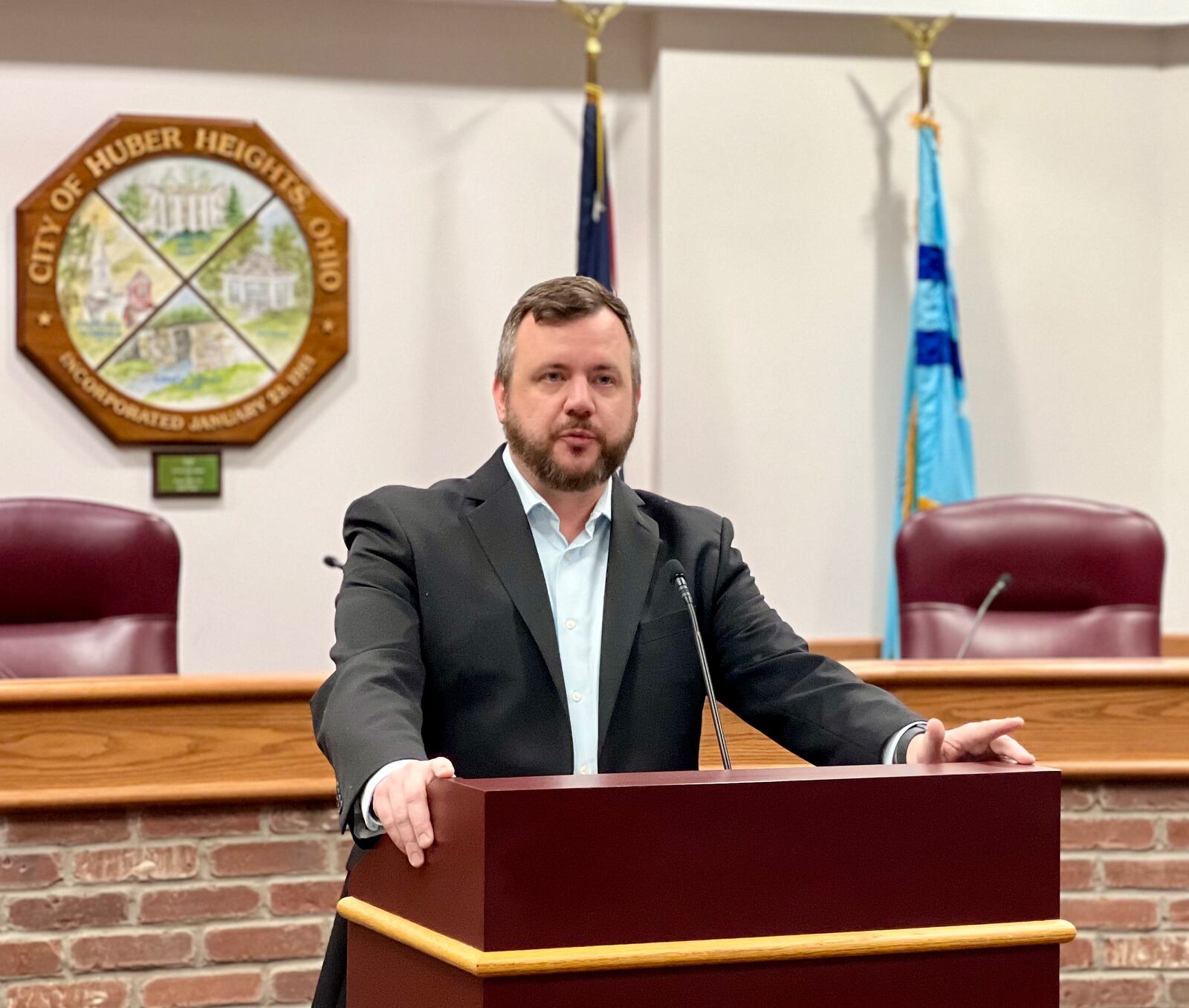 Huber Heights City Manager Rick Dzik updated residents Friday afternoon, Nov. 17, 2023, on the status of the city's response to a cyber ransomware attack that was caught Sunday morning, Nov. 12. AIMEE HANCOCK/STAFF