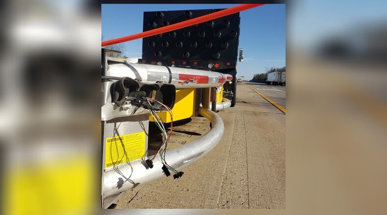 An Ohio Department of Transportation truck was sideswiped April 12, 2022, while a crew was fixing potholes on north Interstate 75 in Miami County.