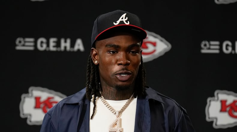 FILE - Kansas City Chiefs wide receiver Rashee Rice (4) speaks during a news conference following an NFL football game against the Indianapolis Colts, Nov. 23, 2025, in Kansas City, Mo. (AP Photo/Charlie Riedel, File)