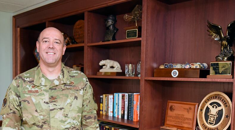 Col. Patrick G. Miller, 88th Air Base Wing and installation commander, talks about his new role as commander at Wright-Patterson Air Force Base during an interview June 19. Miller previously served at Wright-Patt in 2003-2006 as a course director and instructor in the Civil Engineer Services School at the Air Force Institute of Technology. (U.S. Air Force photo/Ty Greenlees)