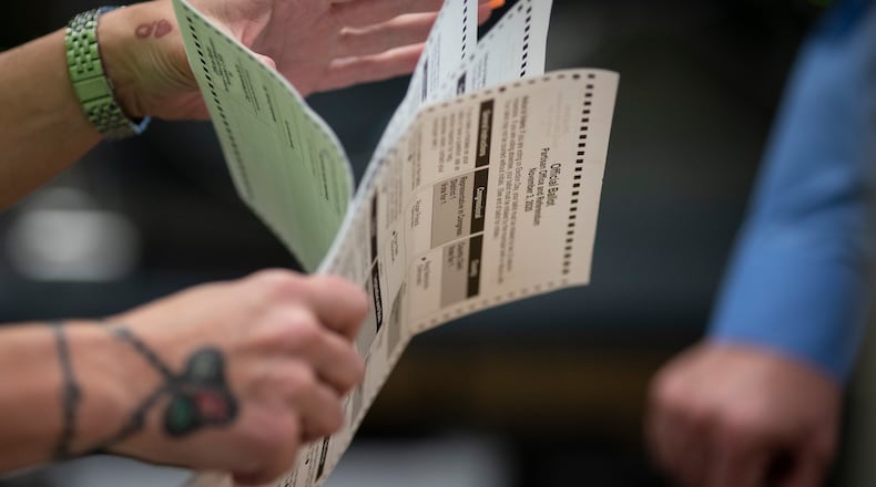 FILE - Poll workers sort out early and absentee ballots at the Kenosha Municipal building on Election Day in Kenosha, Wis., Nov. 3, 2020. A bipartisan bill that would dramatically change how Wisconsin residents choose congressional candidates by asking them to rank their top choices instead of voting for one of two candidates is headed for its first public hearing. (AP Photo/Wong Maye-E, File)