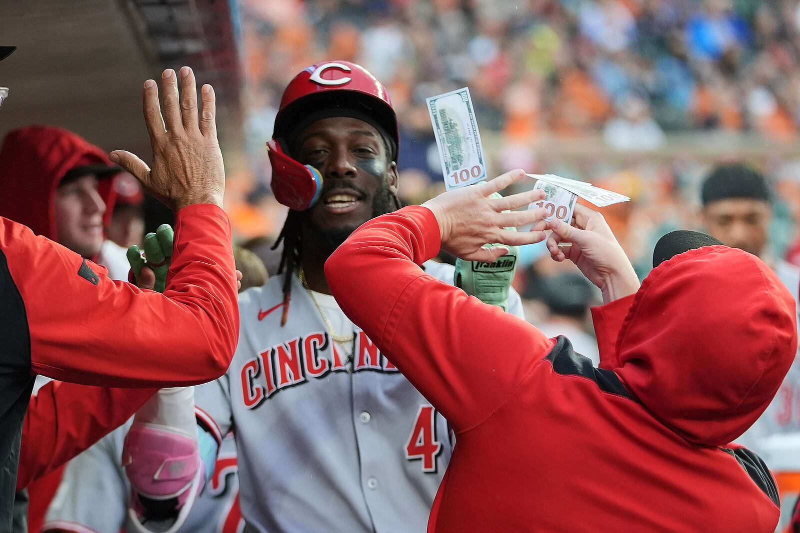 Cincinnati Reds' Elly De La Cruz (44) celebrates his home run against the Detroit Tigers in the fifth inning during a baseball game, Friday, June 13, 2025, in Detroit. (AP Photo/Paul Sancya)