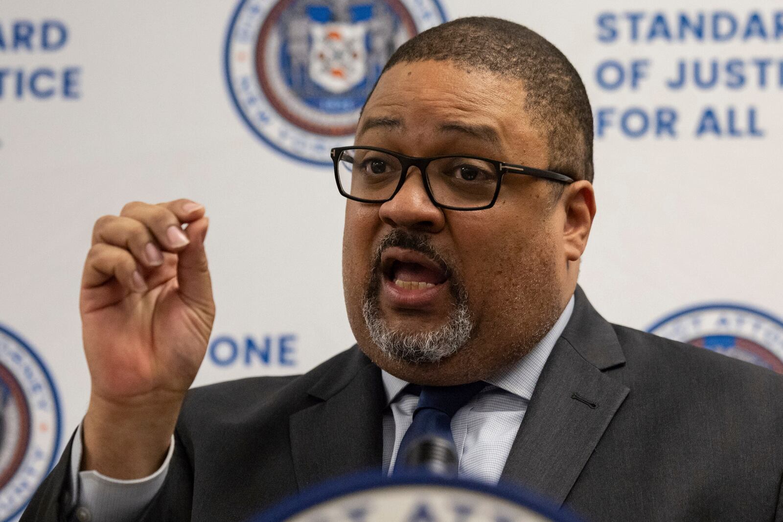 Manhattan District Attorney Alvin Bragg speaks during a news conference, Thursday, June 12, 2025 in New York. (AP Photo/Yuki Iwamura)