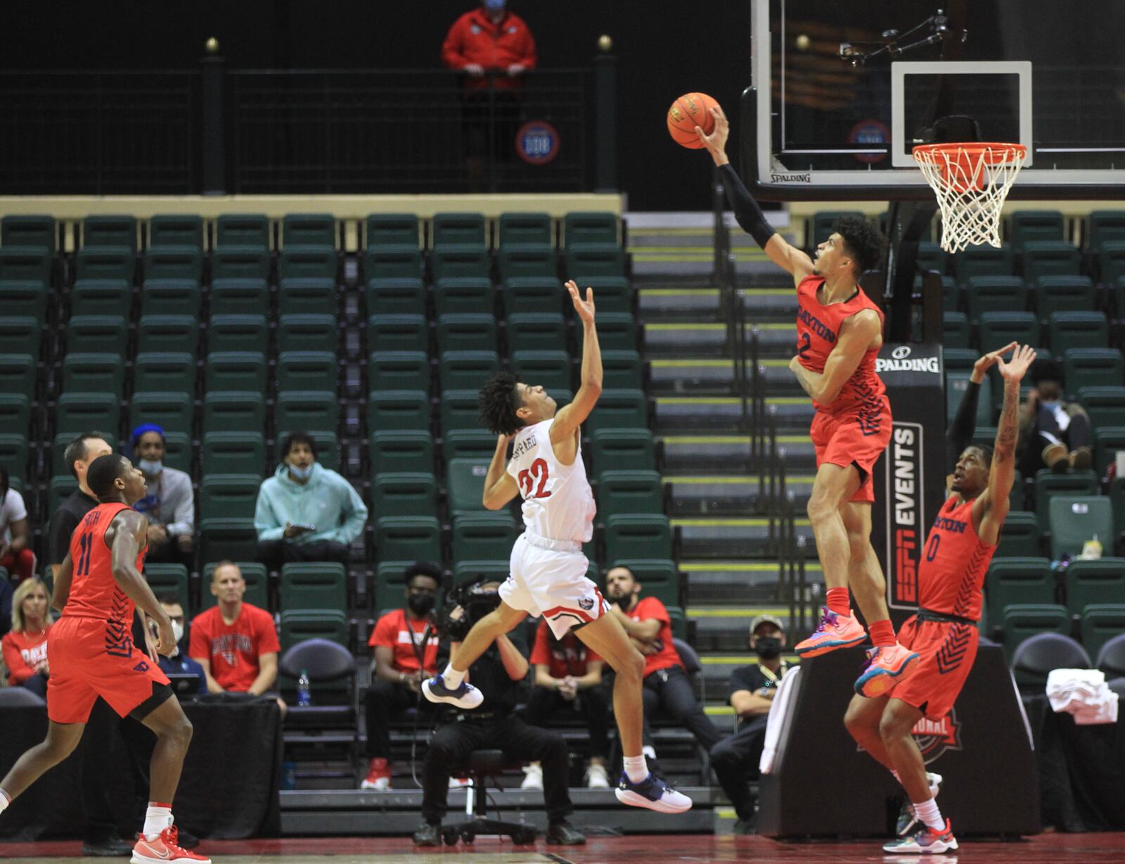 Dayton's Toumani Camara blocks a shot against Belmont on Sunday, Nov. 28, 2021, in the championship game of the ESPN Events Invitational at HP Fieldhouse in Kissimmee, Fla. David Jablonski/Staff