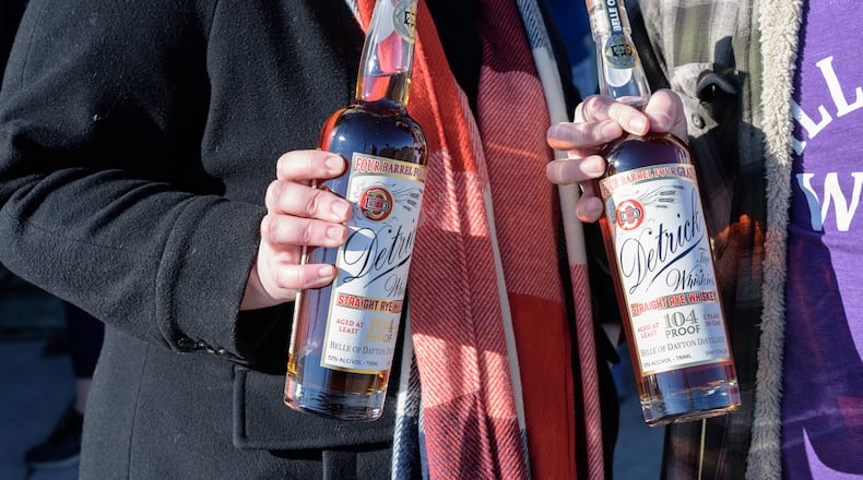 The Belle of Dayton Distillery, located on 122 Van Buren St. in Dayton’s Oregon Historic District celebrated the release of its Detrick Straight Rye Whiskey on Saturday, January 23, 2021 from 10 a.m. until 3 p.m. With a line wrapping all the way around to Clay St., every bottle of the limited release spirit was sold out by 8 p.m. during the distillery’s Van Buren Room cocktail bar hours. The Detrick Distilling Co. operated a distillery in Tippecanoe (present day Tipp City) before Prohibition plus had a shipping and receiving office in downtown Dayton. Members of the Detrick family were present for the release. TOM GILLIAM / CONTRIBUTING PHOTOGRAPHER
